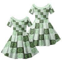 Sage Green Manta Ray Hawaiian Quilt Motif Family Matching Long Sleeve Bodycon Dress and Hawaiian Shirt