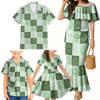 Sage Green Manta Ray Hawaiian Quilt Motif Family Matching Mermaid Dress and Hawaiian Shirt