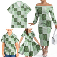 Sage Green Manta Ray Hawaiian Quilt Motif Family Matching Off The Shoulder Long Sleeve Dress and Hawaiian Shirt