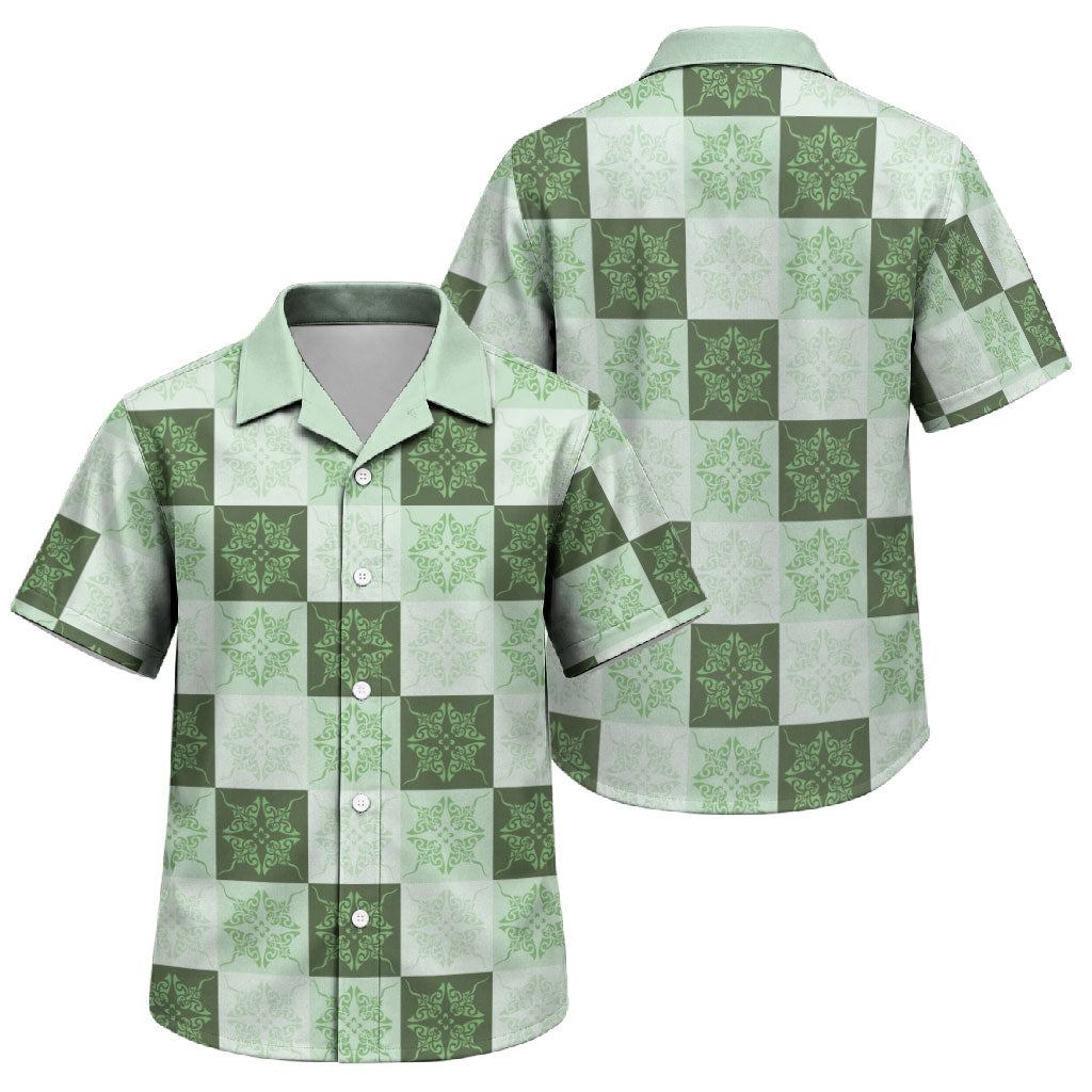 Sage Green Manta Ray Hawaiian Quilt Motif Family Matching Off The Shoulder Long Sleeve Dress and Hawaiian Shirt