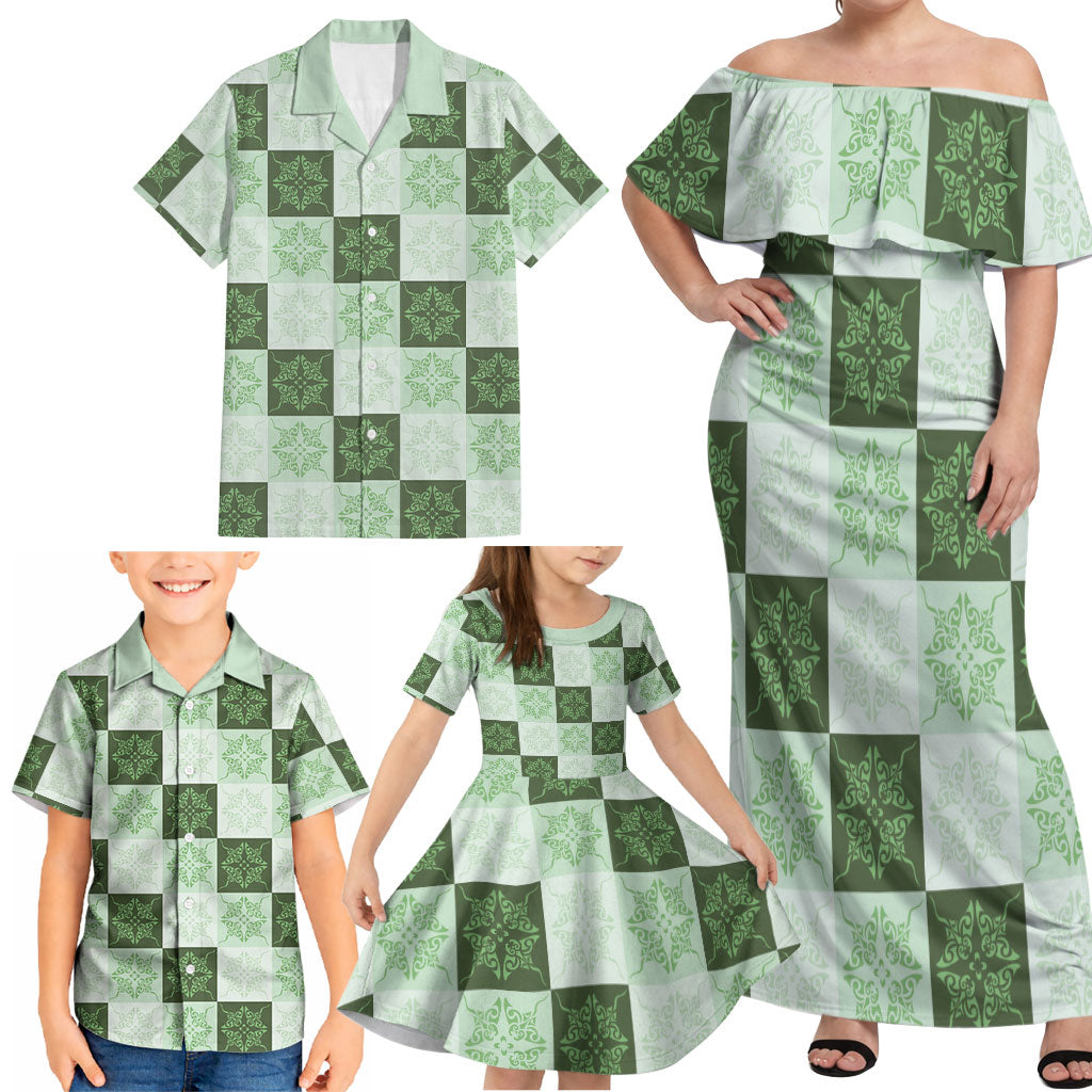 Sage Green Manta Ray Hawaiian Quilt Motif Family Matching Off Shoulder Maxi Dress and Hawaiian Shirt