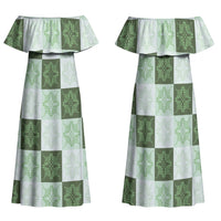 Sage Green Manta Ray Hawaiian Quilt Motif Family Matching Off Shoulder Maxi Dress and Hawaiian Shirt