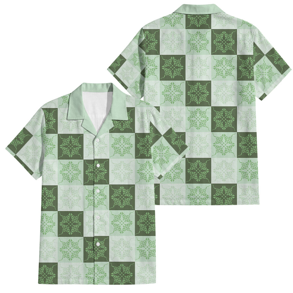 Sage Green Manta Ray Hawaiian Quilt Motif Family Matching Off Shoulder Maxi Dress and Hawaiian Shirt