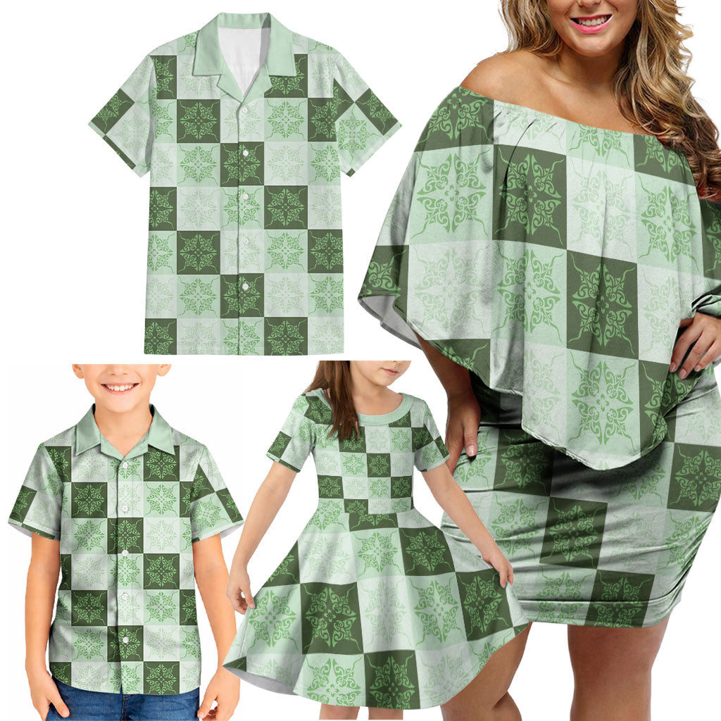Sage Green Manta Ray Hawaiian Quilt Motif Family Matching Off Shoulder Short Dress and Hawaiian Shirt