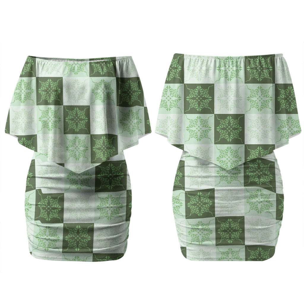 Sage Green Manta Ray Hawaiian Quilt Motif Family Matching Off Shoulder Short Dress and Hawaiian Shirt