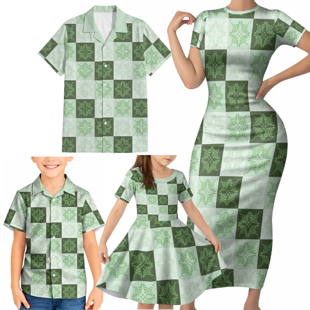 Sage Green Manta Ray Hawaiian Quilt Motif Family Matching Short Sleeve Bodycon Dress and Hawaiian Shirt LT05 - Polynesian Pride