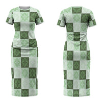 Sage Green Manta Ray Hawaiian Quilt Motif Family Matching Short Sleeve Bodycon Dress and Hawaiian Shirt