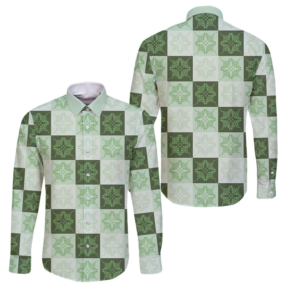 Sage Green Manta Ray Hawaiian Quilt Motif Family Matching Short Sleeve Bodycon Dress and Hawaiian Shirt