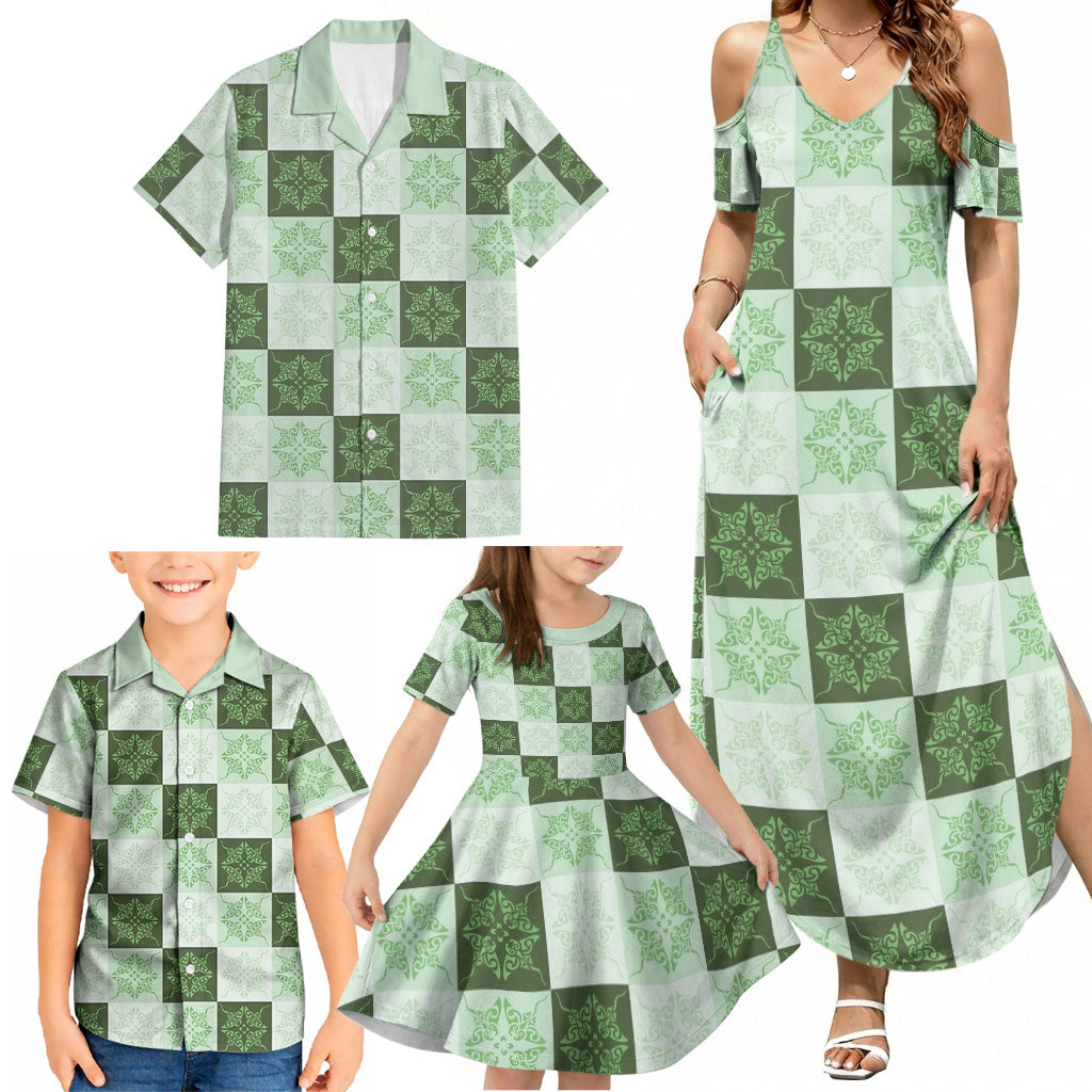 Sage Green Manta Ray Hawaiian Quilt Motif Family Matching Summer Maxi Dress and Hawaiian Shirt LT05 - Polynesian Pride