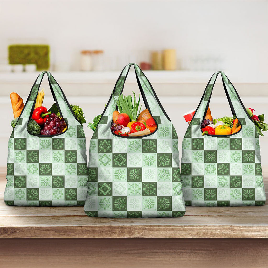 Sage Green Manta Ray Hawaiian Quilt Motif Grocery Bag