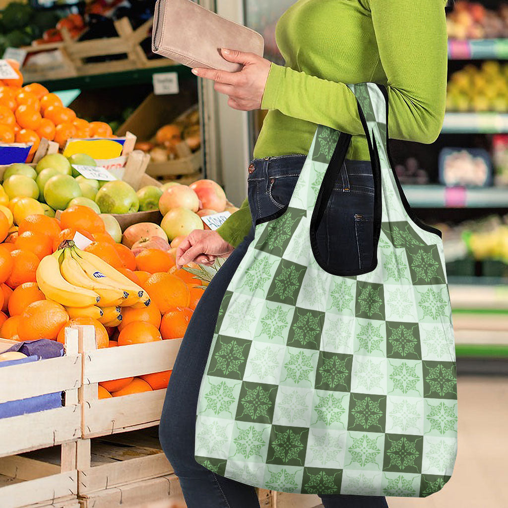 Sage Green Manta Ray Hawaiian Quilt Motif Grocery Bag