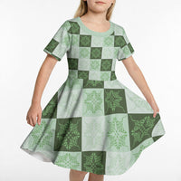 Sage Green Manta Ray Hawaiian Quilt Motif Kid Short Sleeve Dress