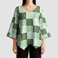 Sage Green Manta Ray Hawaiian Quilt Motif Kimono Sleeve Blouse