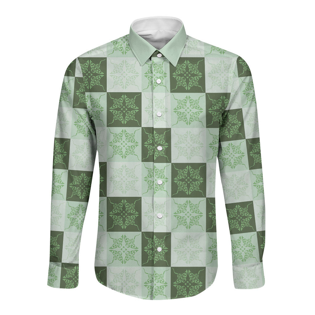 Sage Green Manta Ray Hawaiian Quilt Motif Long Sleeve Button Shirt LT05 Unisex Green - Polynesian Pride