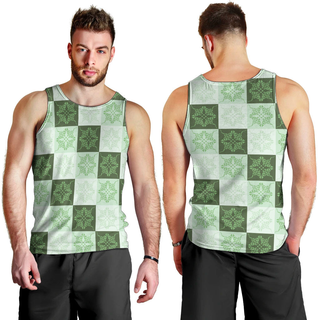 Sage Green Manta Ray Hawaiian Quilt Motif Men Tank Top