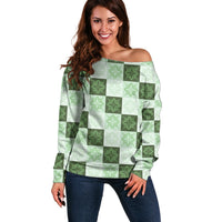 Sage Green Manta Ray Hawaiian Quilt Motif Off Shoulder Sweater