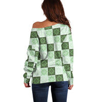 Sage Green Manta Ray Hawaiian Quilt Motif Off Shoulder Sweater
