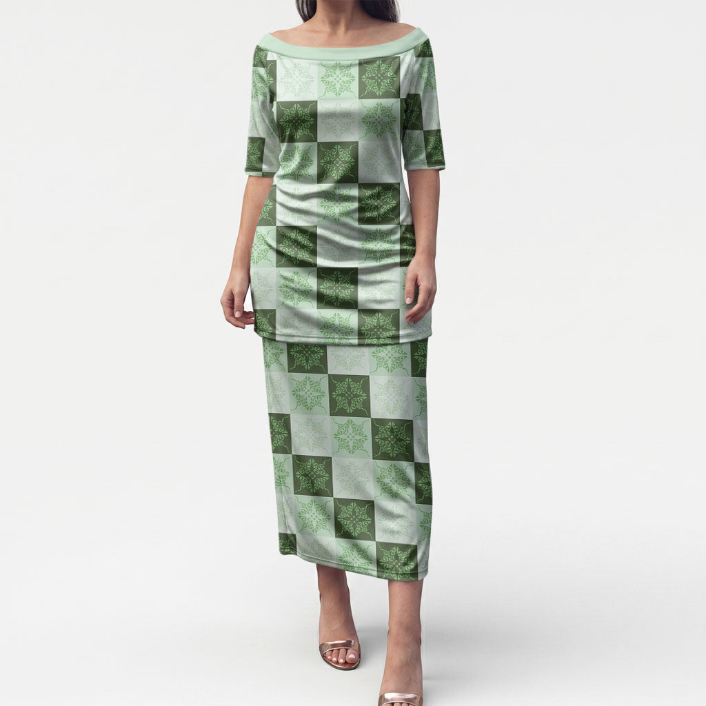 Sage Green Manta Ray Hawaiian Quilt Motif Puletasi LT05 Long Dress Green - Polynesian Pride