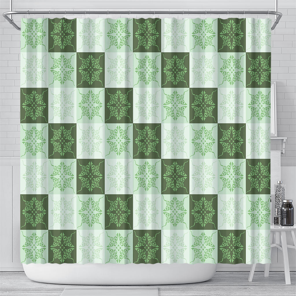 Sage Green Manta Ray Hawaiian Quilt Motif Shower Curtain