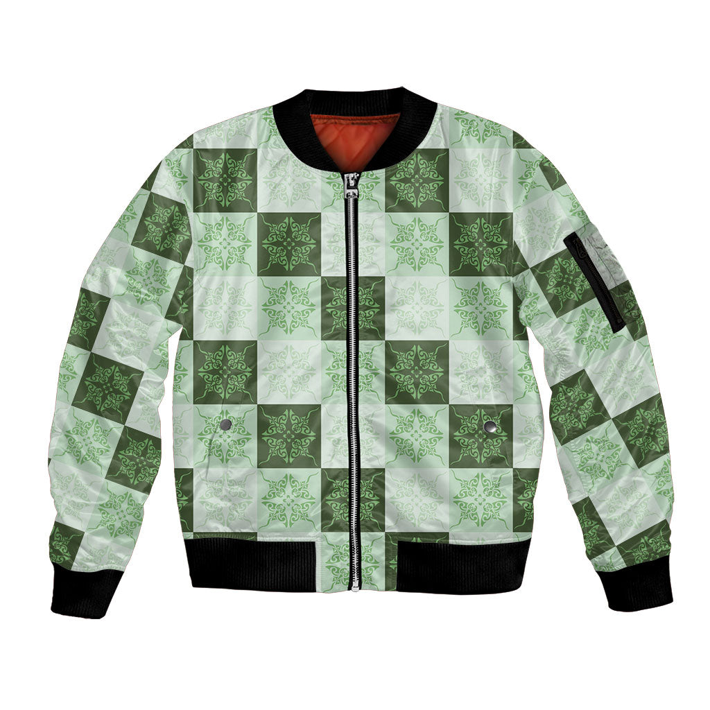 Sage Green Manta Ray Hawaiian Quilt Motif Sleeve Zip Bomber Jacket