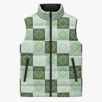 Sage Green Manta Ray Hawaiian Quilt Motif Sleeveless Puffer Jacket