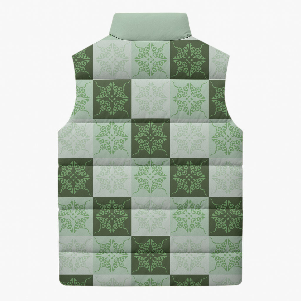 Sage Green Manta Ray Hawaiian Quilt Motif Sleeveless Puffer Jacket