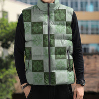 Sage Green Manta Ray Hawaiian Quilt Motif Sleeveless Puffer Jacket