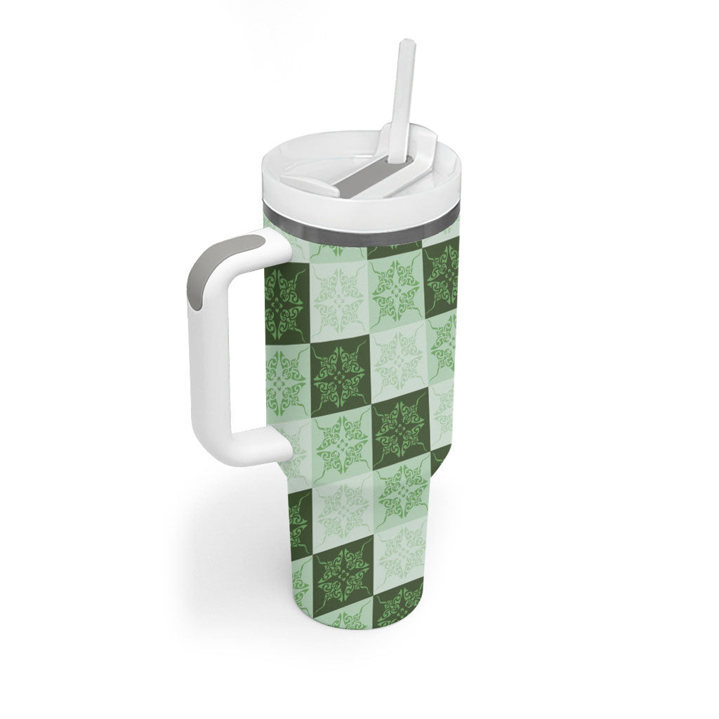 Sage Green Manta Ray Hawaiian Quilt Motif Tumbler With Handle