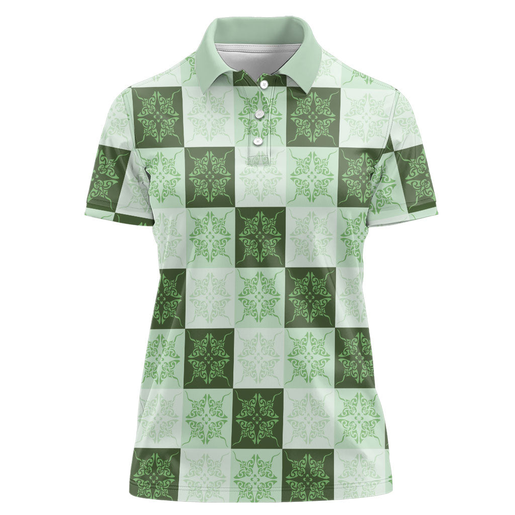 Sage Green Manta Ray Hawaiian Quilt Motif Women Polo Shirt LT05 Female Green - Polynesian Pride