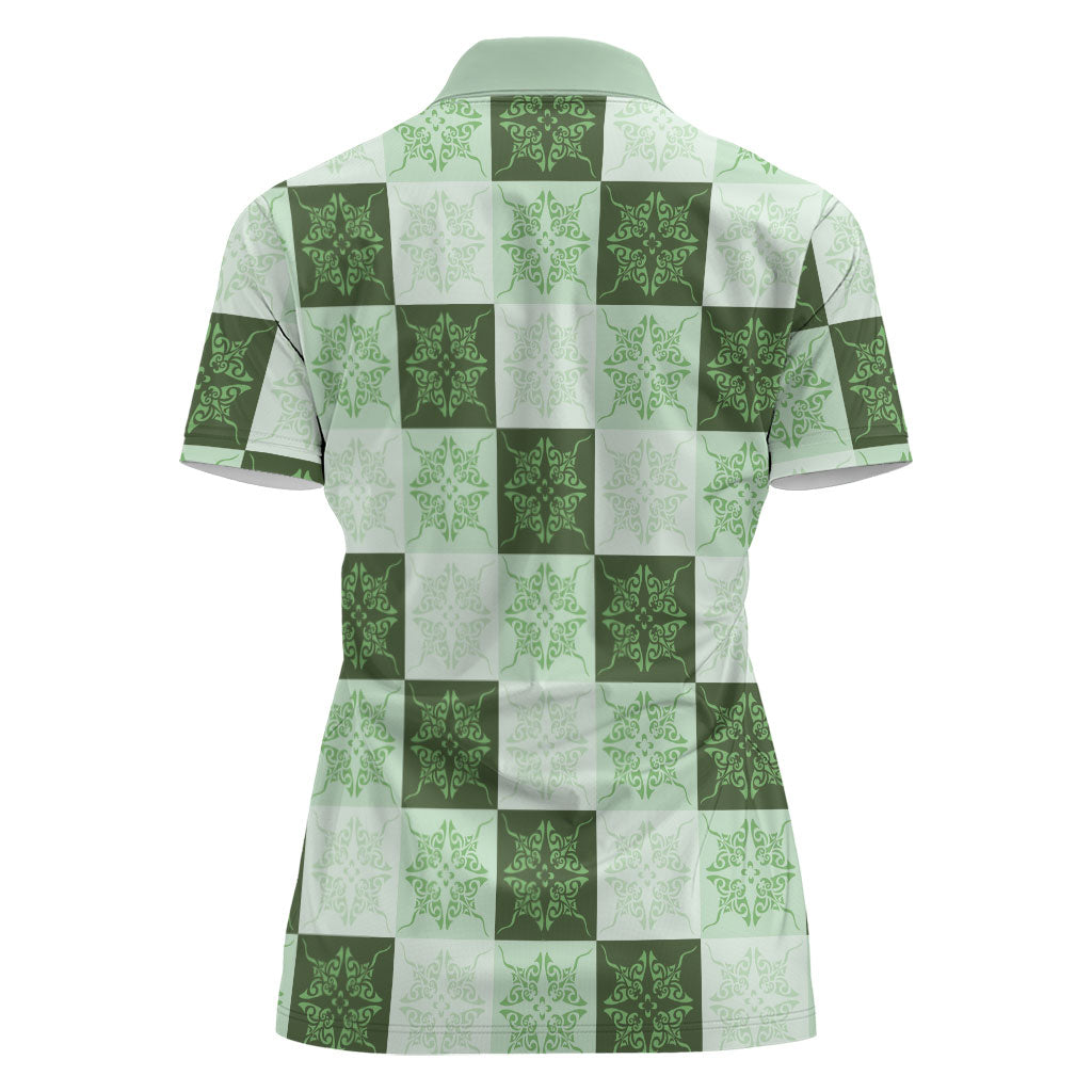 Sage Green Manta Ray Hawaiian Quilt Motif Women Polo Shirt