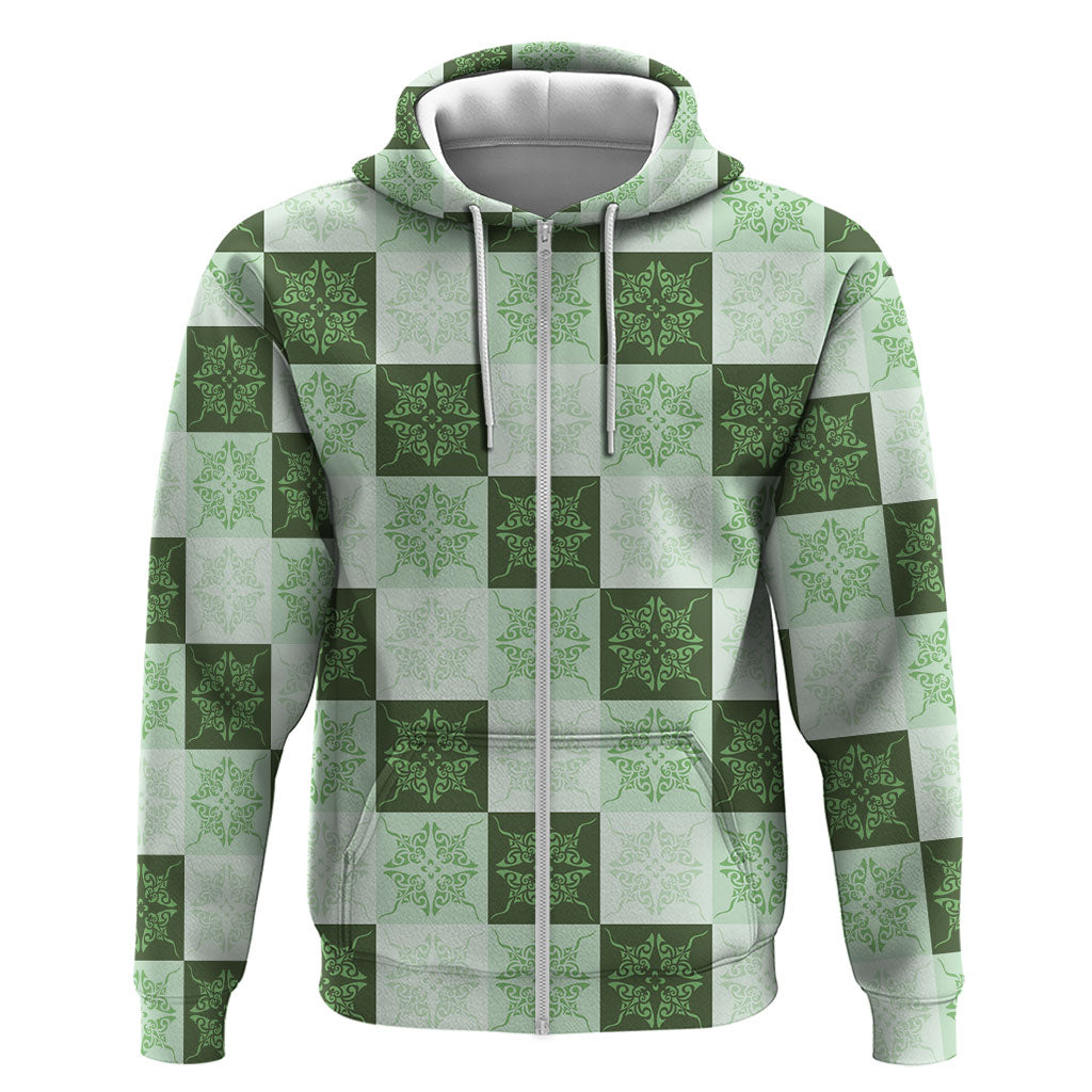 Sage Green Manta Ray Hawaiian Quilt Motif Zip Hoodie LT05 Zip Hoodie Green - Polynesian Pride