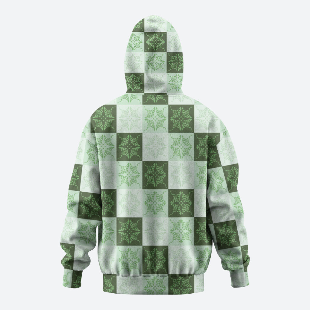 Sage Green Manta Ray Hawaiian Quilt Motif Zip Hoodie