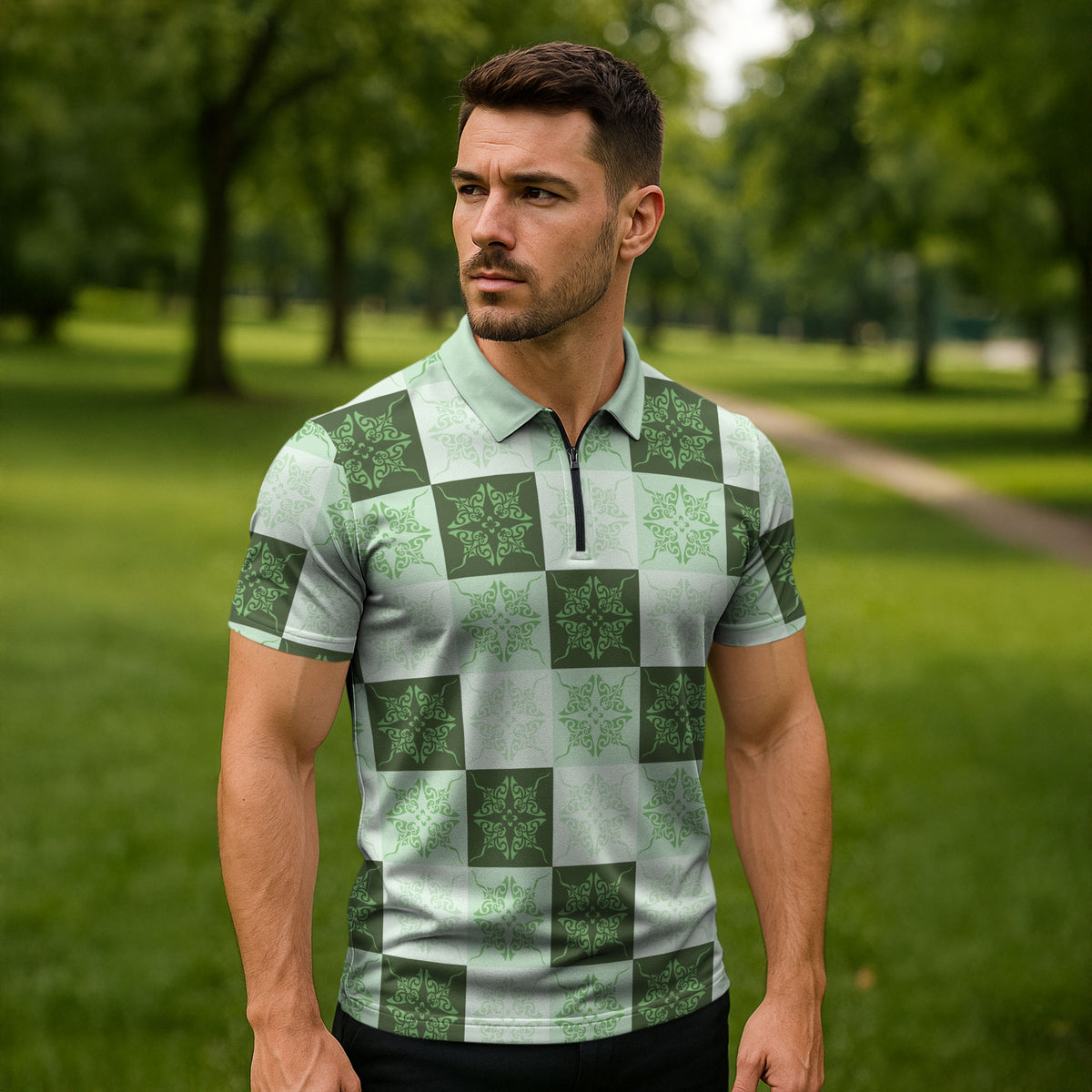 Sage Green Manta Ray Hawaiian Quilt Motif Zipper Polo Shirt