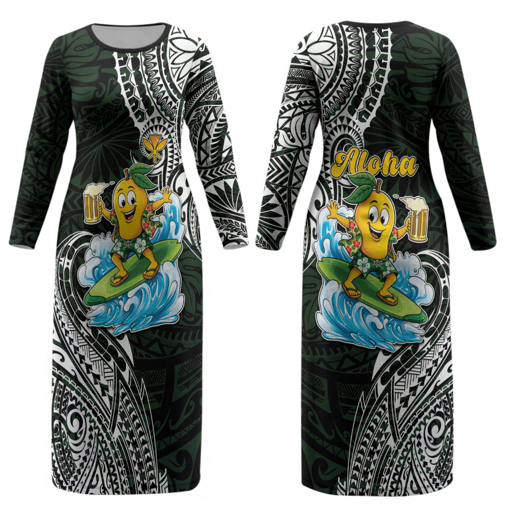 Aloha Hawaii Mango Surfing Couples Matching Long Sleeve Bodycon Dress and Hawaiian Shirt Polynesian Style