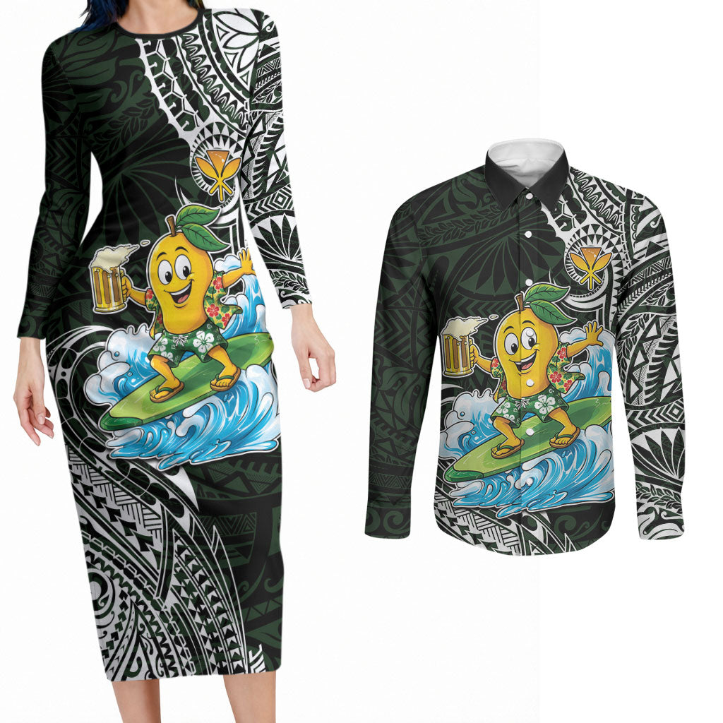 Aloha Hawaii Mango Surfing Couples Matching Long Sleeve Bodycon Dress and Long Sleeve Button Shirt Polynesian Style