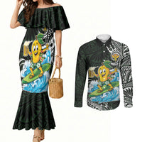 Aloha Hawaii Mango Surfing Couples Matching Mermaid Dress and Long Sleeve Button Shirt Polynesian Style