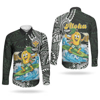 Aloha Hawaii Mango Surfing Couples Matching Off Shoulder Maxi Dress and Long Sleeve Button Shirt Polynesian Style