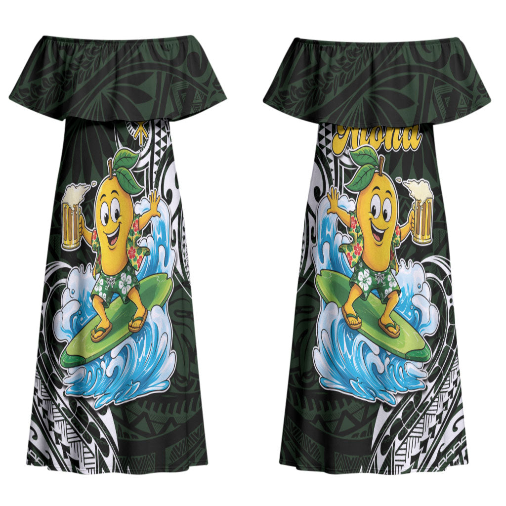 Aloha Hawaii Mango Surfing Couples Matching Off Shoulder Maxi Dress and Long Sleeve Button Shirt Polynesian Style
