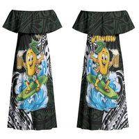 Aloha Hawaii Mango Surfing Couples Matching Off Shoulder Maxi Dress and Long Sleeve Button Shirt Polynesian Style