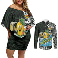 Aloha Hawaii Mango Surfing Couples Matching Off Shoulder Short Dress and Long Sleeve Button Shirt Polynesian Style