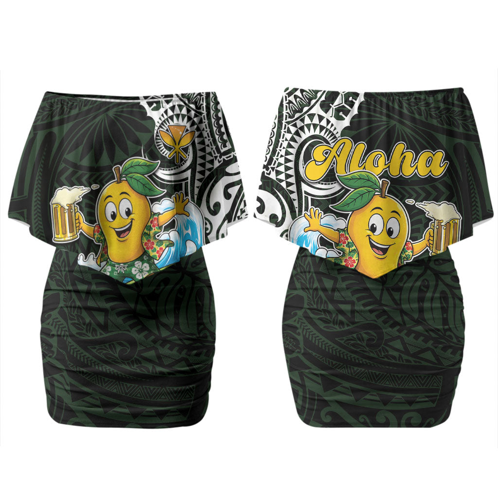 Aloha Hawaii Mango Surfing Couples Matching Off Shoulder Short Dress and Long Sleeve Button Shirt Polynesian Style