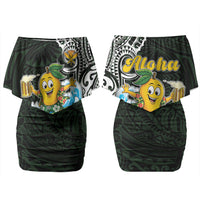 Aloha Hawaii Mango Surfing Couples Matching Off Shoulder Short Dress and Long Sleeve Button Shirt Polynesian Style