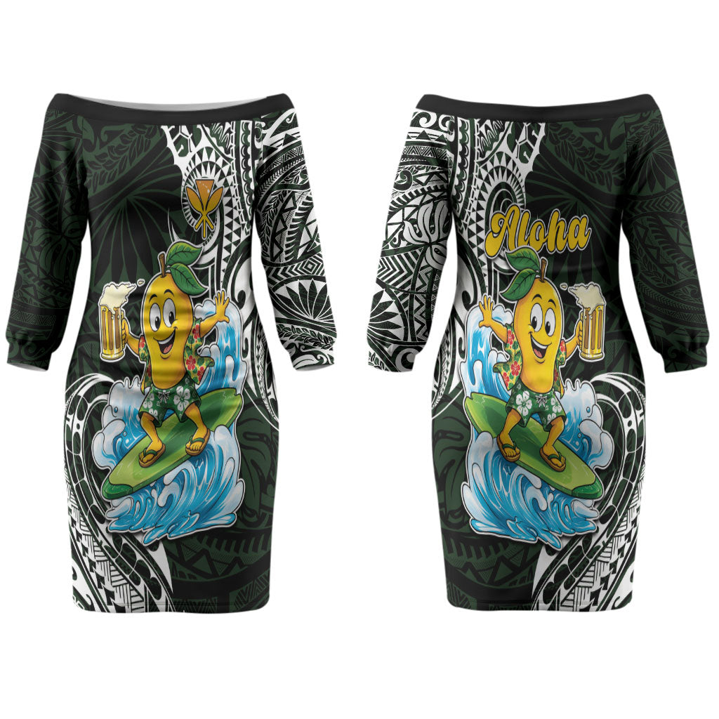 Aloha Hawaii Mango Surfing Couples Matching Off The Shoulder Long Sleeve Dress and Hawaiian Shirt Polynesian Style