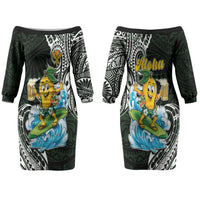 Aloha Hawaii Mango Surfing Couples Matching Off The Shoulder Long Sleeve Dress and Long Sleeve Button Shirt Polynesian Style