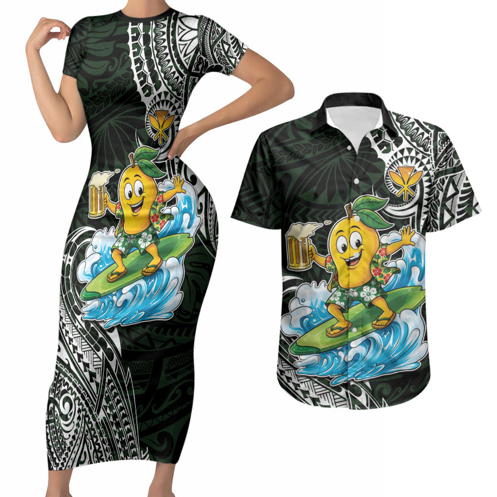Aloha Hawaii Mango Surfing Couples Matching Short Sleeve Bodycon Dress and Hawaiian Shirt Polynesian Style