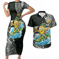 Aloha Hawaii Mango Surfing Couples Matching Short Sleeve Bodycon Dress and Hawaiian Shirt Polynesian Style