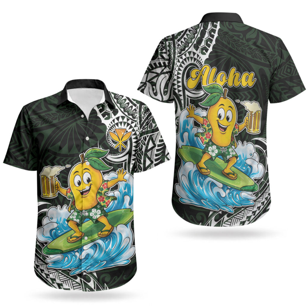 Aloha Hawaii Mango Surfing Couples Matching Short Sleeve Bodycon Dress and Hawaiian Shirt Polynesian Style