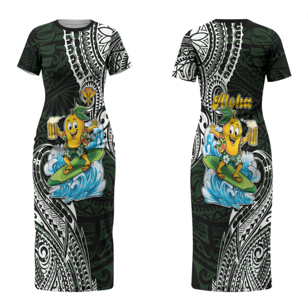Aloha Hawaii Mango Surfing Couples Matching Short Sleeve Bodycon Dress and Hawaiian Shirt Polynesian Style
