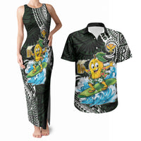 Aloha Hawaii Mango Surfing Couples Matching Tank Maxi Dress and Hawaiian Shirt Polynesian Style