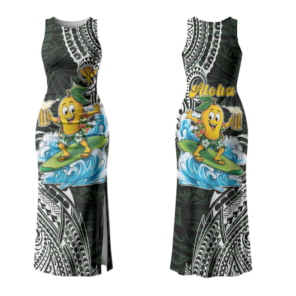 Aloha Hawaii Mango Surfing Couples Matching Tank Maxi Dress and Hawaiian Shirt Polynesian Style